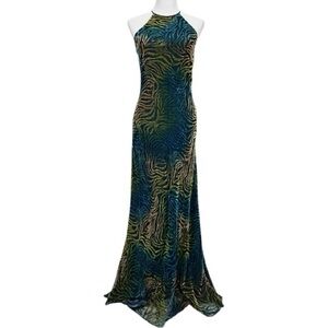 Icon by Kathryn Dianos Green Blue Burnout Velvet Abstract swirl Maxi Dress Party
